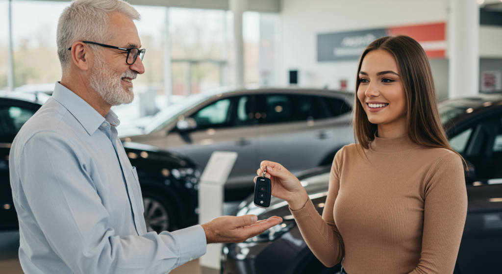 a happy customer receiving car keys