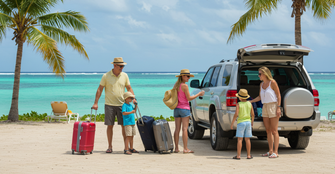 Family choosing a rental car for a Bahamas vacation with Dinero Rentals.