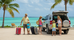 Family choosing a rental car for a Bahamas vacation with Dinero Rentals.
