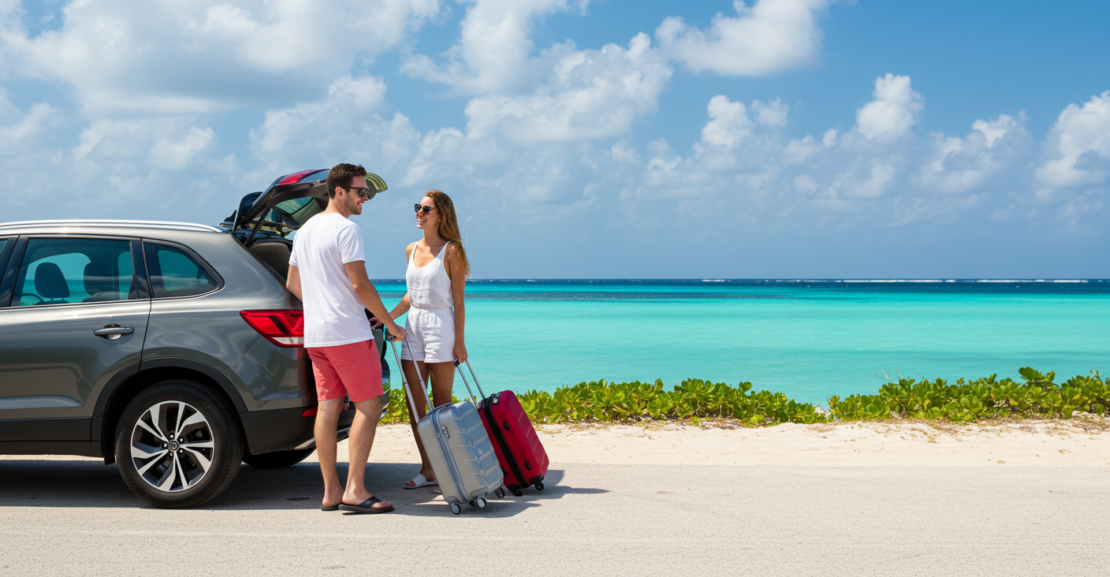 Couple enjoying a weekend getaway with a rental car in the Bahamas — Dinero Rentals.